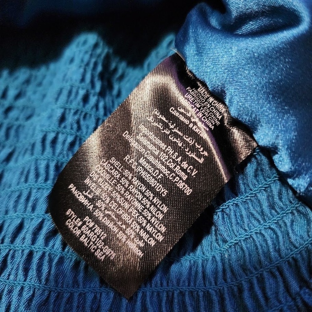 BEBE Y2K Ruched Smocked One Shoulder Satin crop Top shimmer Teal Blue Size L‎ - Picture 6 of 6